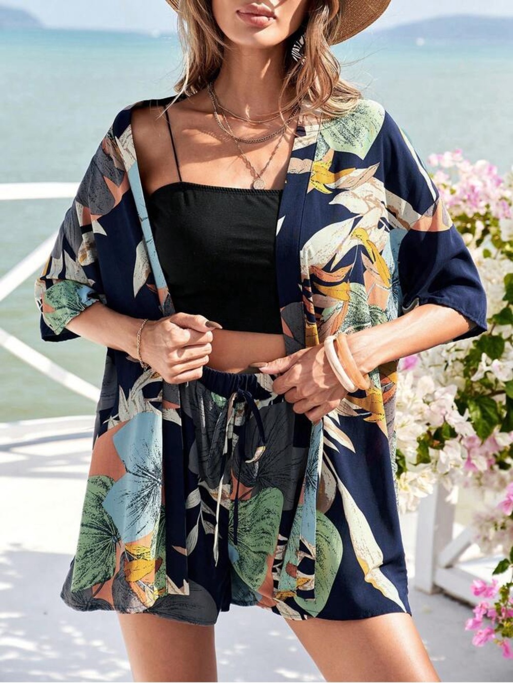 Multi Color Botanical Tropical Print Kimono Coverup